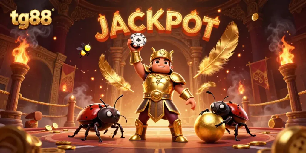 Experience exciting tg88 casino wins with a victorious hercules beetle amidst golden elements.