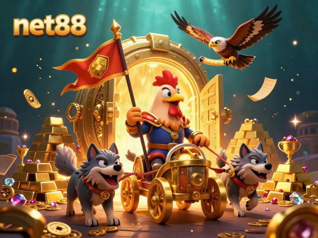 Experience the excitement of net88 with a dynamic casino-themed 3D illustration featuring gold and treasure.