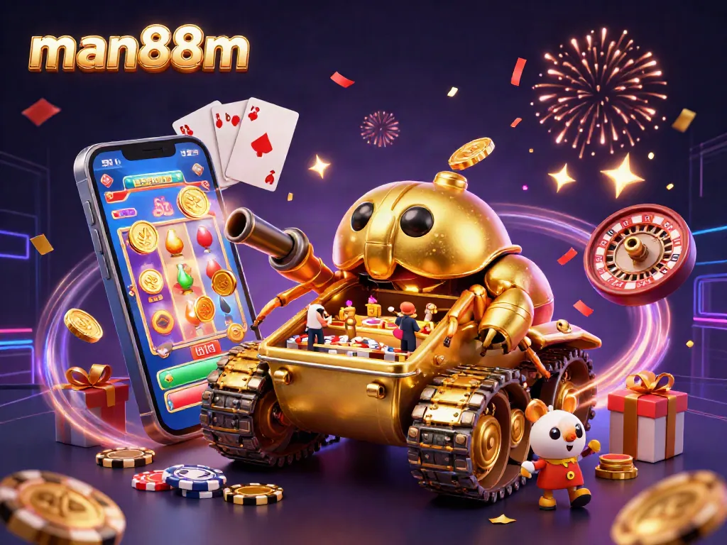 Experience excitement at man88m with a golden beetle tank casino shooting confetti and coins in this lively scene.