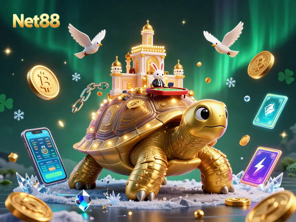 Experience thrilling games at Net88 with captivating visuals of a golden tortoise and radiant crypto coins.