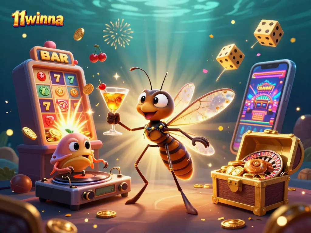 Experience 11winna's thrilling casino world with a lively scene featuring a mosquito mascot, DJ trilobite, and exciting casino elements.
