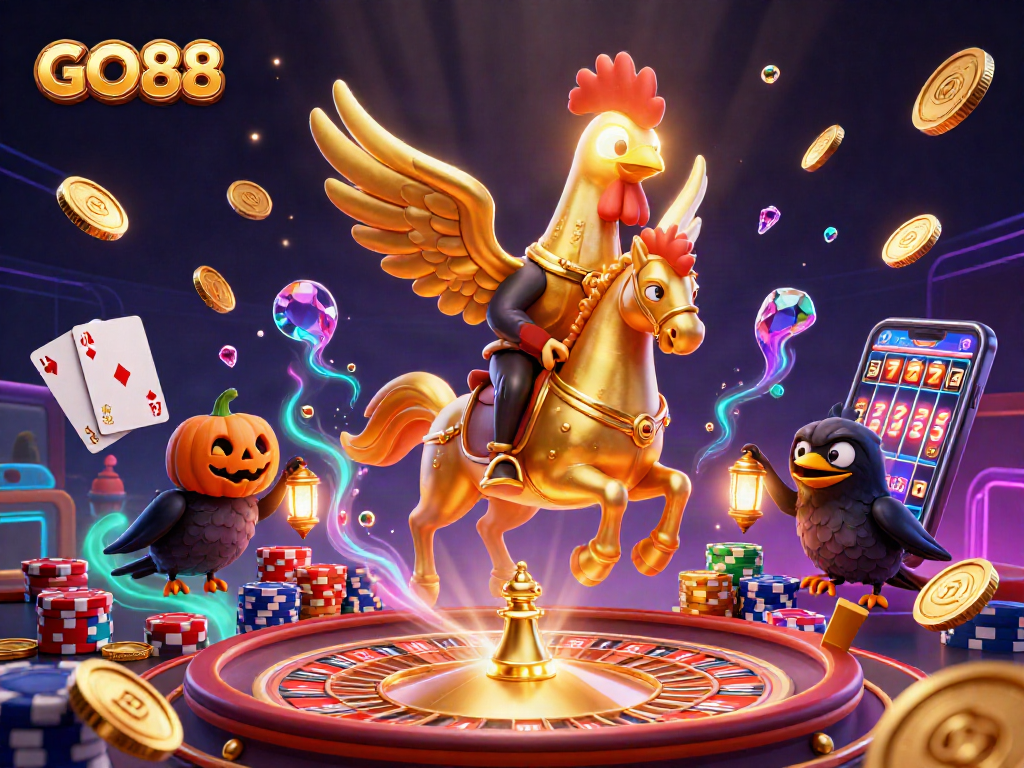 Experience thrilling wins at GO88 with a vibrant midnight casino scene featuring unique characters and dynamic gameplay.