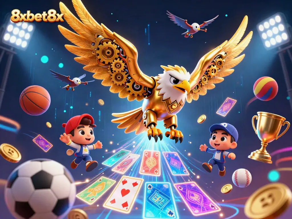Experience thrilling sports action with 8xbet8x as a golden eagle dives through holographic cards, showcasing dynamic betting