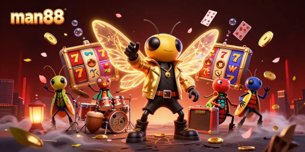 Experience thrilling moments at man88 with a vibrant rock star and colorful slot elements in a dynamic casino scene.