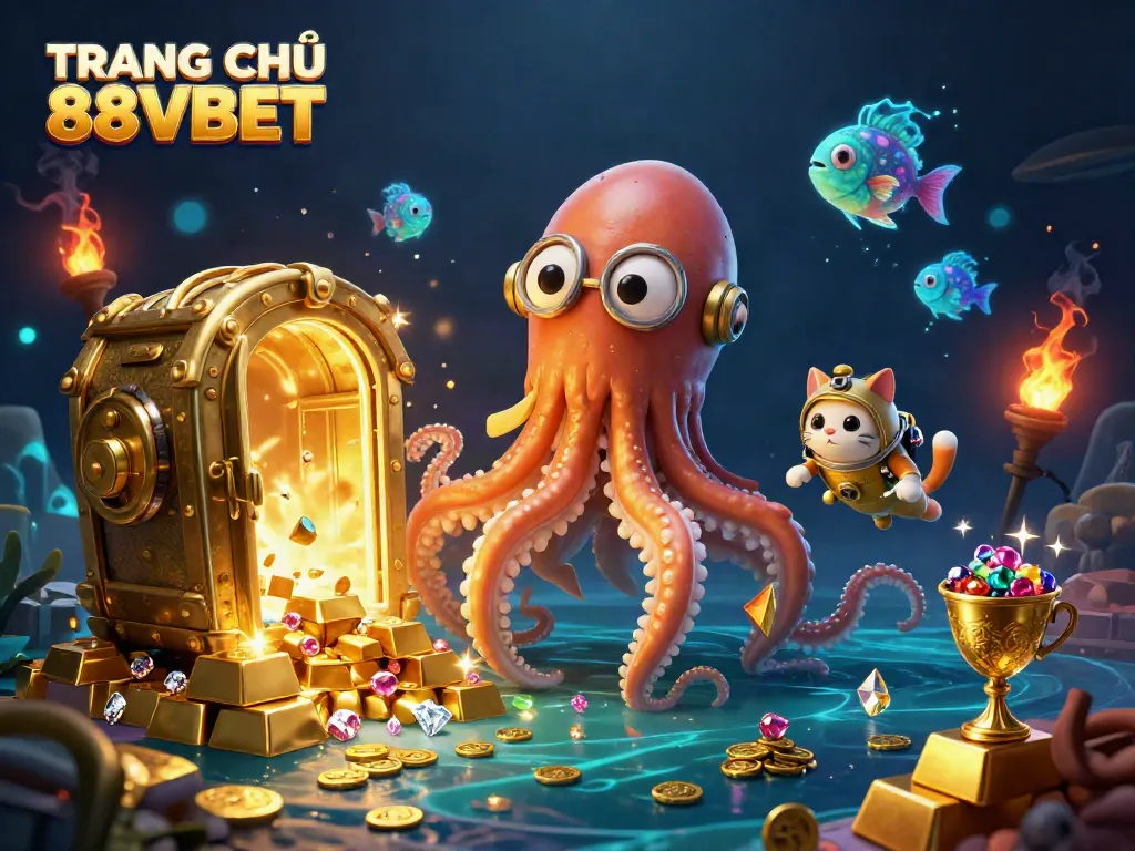 Experience thrilling gameplay at TRANG CHỦ 88VBET with a kraken and treasures in a vibrant underwater scene.