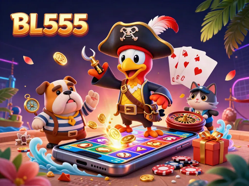 Engage with thrilling slots at BL555 featuring colorful games, dynamic pirate characters, and vibrant casino elements.