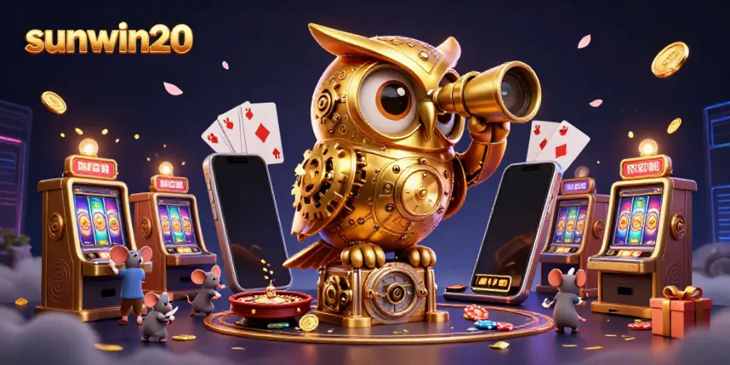 Experience thrilling gaming on sunwin20 with a vibrant casino scene featuring a golden owl and dynamic slot action.