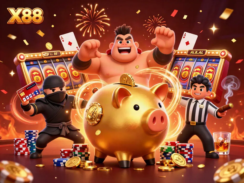 X88 players celebrating a jackpot win with a golden piggy bank and colorful chips in a vibrant casino scene.