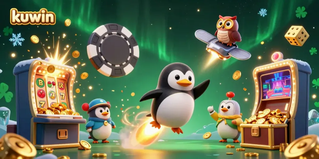 Kuwin's golden penguin rocket blasting off towards a jackpot casino in a vibrant 3D illustration.