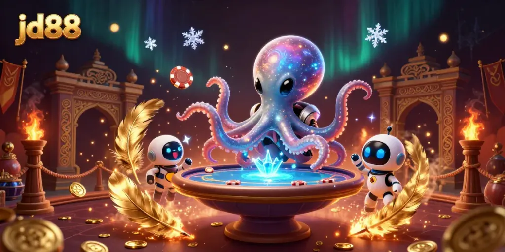 Engage in thrilling jd88 gameplay with an alien octopus at a vibrant holographic poker table.