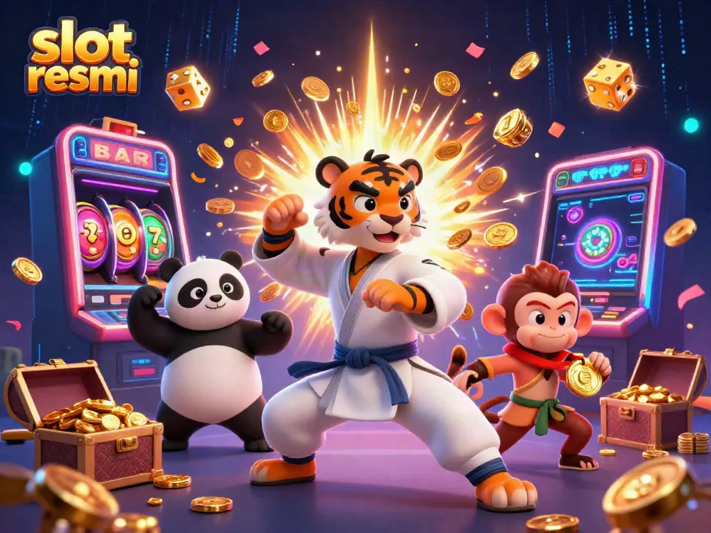 Engaging slot resmi scene with a kung fu tiger, panda, and monkey amid a jackpot explosion and vibrant casino elements.