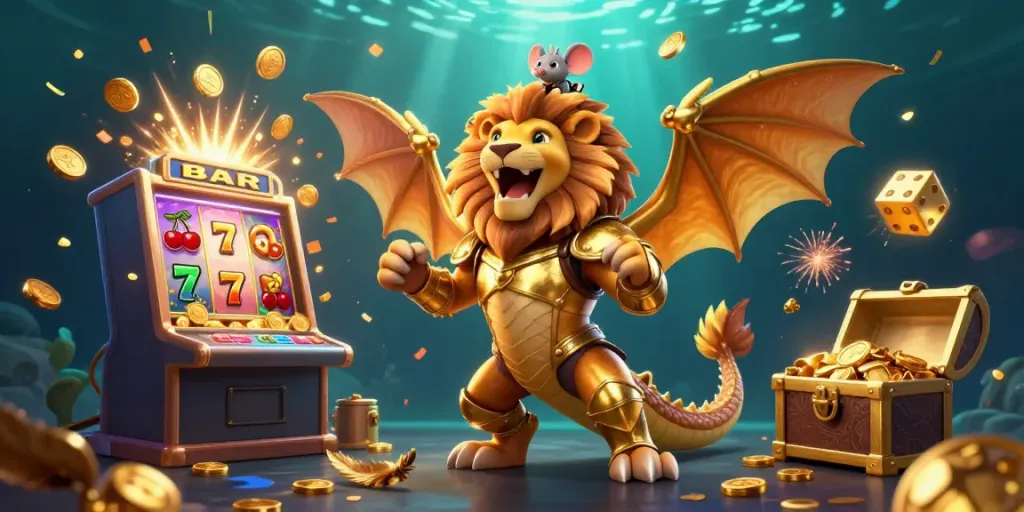 Experience thrilling gameplay with Nowgoal as the chimera triumphs amidst jackpot celebrations in a dynamic casino scene.