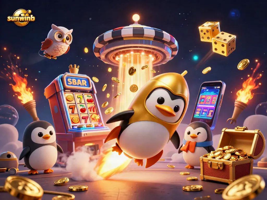 Experience sunwinb with a golden penguin and jackpot elements in a dynamic casino scene.