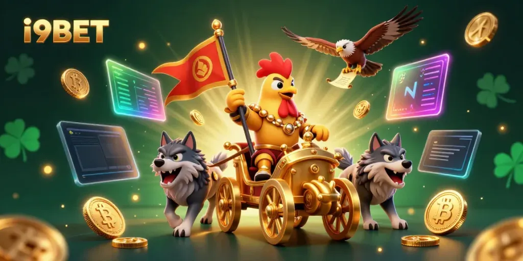 Experience the thrill with i9BET in an ultra-detailed 3D casino scene featuring unique characters and crypto elements.