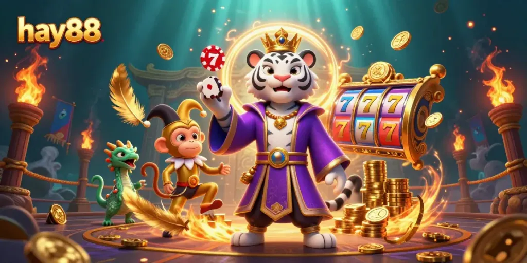Engage with hay88's vibrant casino scene, featuring a regal tiger, a jester monkey, and a jade dragon.