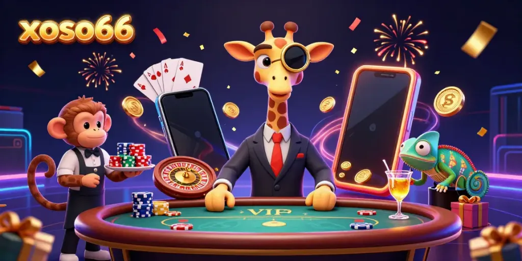 Experience the thrill of xoso66 with a high-roller giraffe and casino elements in a vibrant scene.