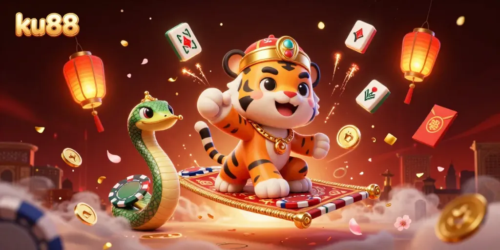 ku88: Engage in a vibrant casino atmosphere with a magical sultan, flying carpet, and celebratory elements.