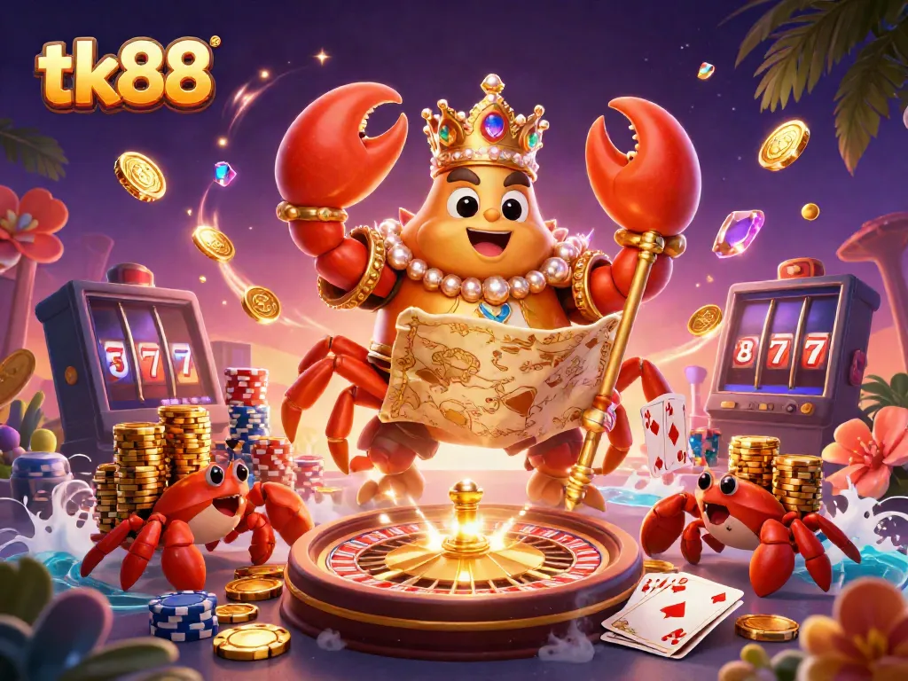 Experience the exciting world of tk88 with a golden crab emperor surrounded by vibrant casino elements.