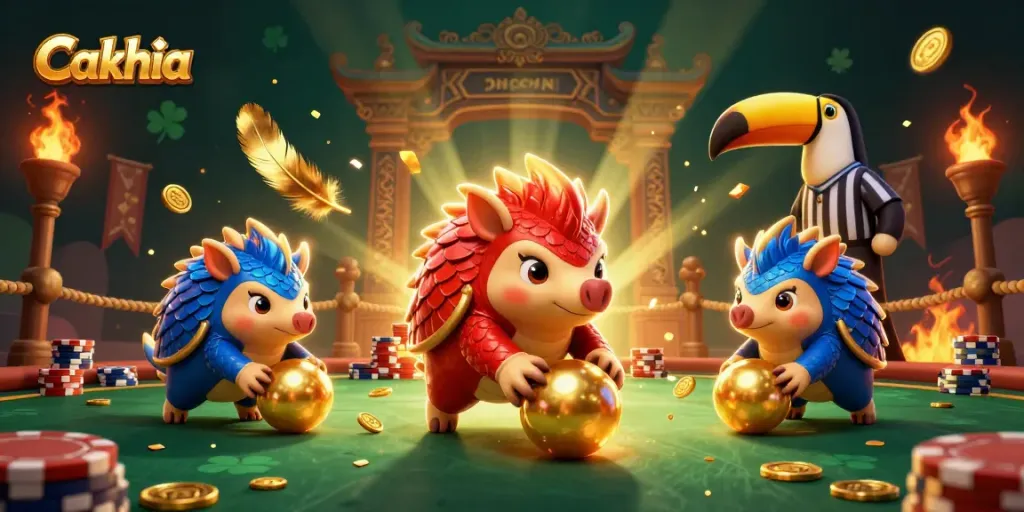 Cakhia's thrilling sports betting scene with pangolins in competition, an energetic atmosphere.