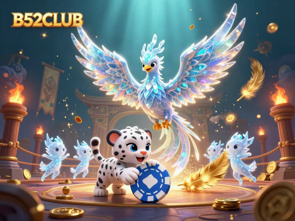 B52CLUB showcases a vibrant casino scene with a mystical ice phoenix and playful snow leopard cub.