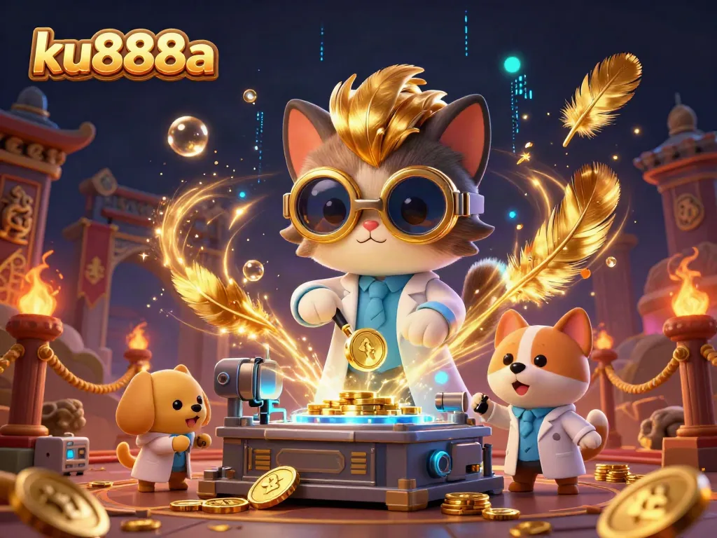 ku888a highlights thrilling gameplay with a mad scientist cat and assistant amidst a vibrant casino scene.
