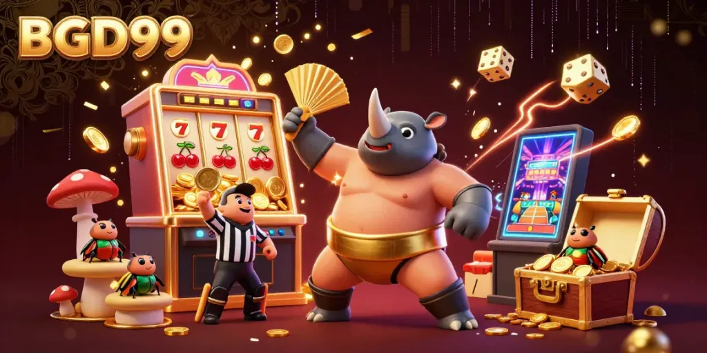 Experience BGD99 with a thrilling jackpot scene featuring a sumo beetle champion and a cricket referee.