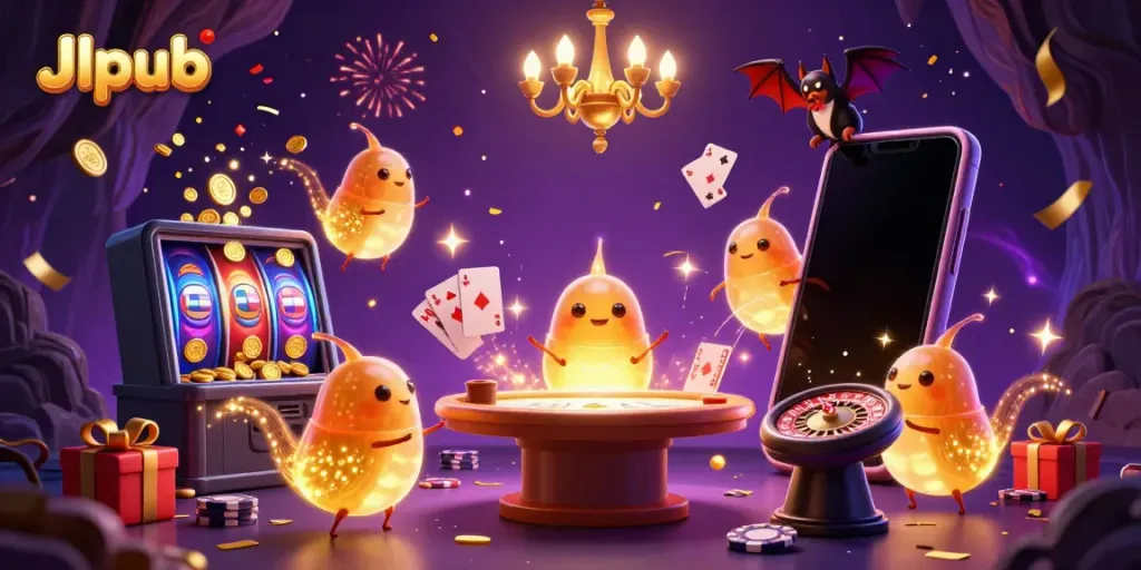 Experience Jlpub’s vibrant cave casino with glowworms illuminating the scene and a bat dealer at the card table.