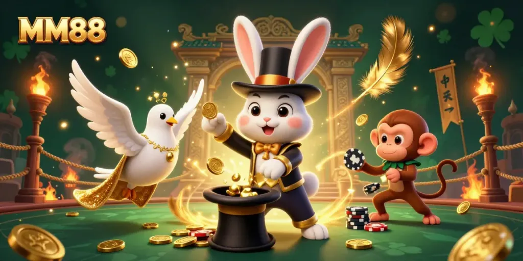 Engage in exciting MM88 casino adventures with magical elements and fun characters surrounded by riches.
