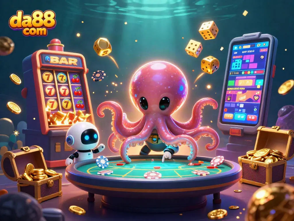 Engage with thrilling games at da88 com, where an alien octopus navigates a vibrant 3D casino adventure.