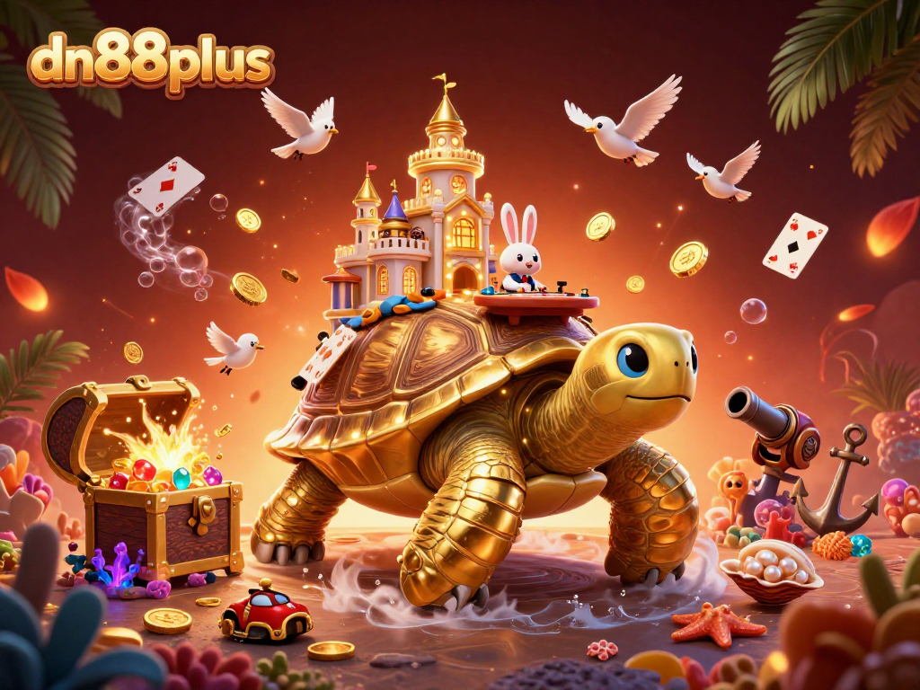 Join the fun at dn88plus, featuring a lively casino scene with a golden tortoise and rabbit dealer!
