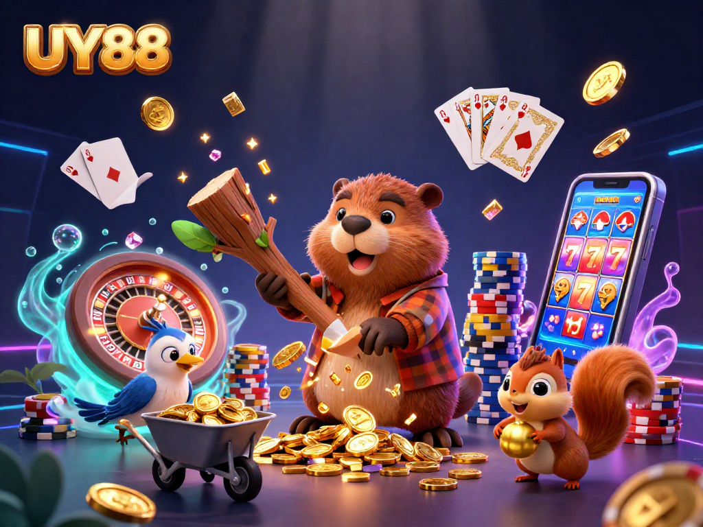 Experience UY88's vibrant casino world with whimsical characters and dazzling game elements.