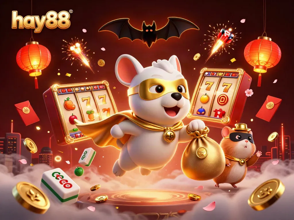 Experience the excitement of hay88 with a superhero dog and hamster in a vibrant casino scene.