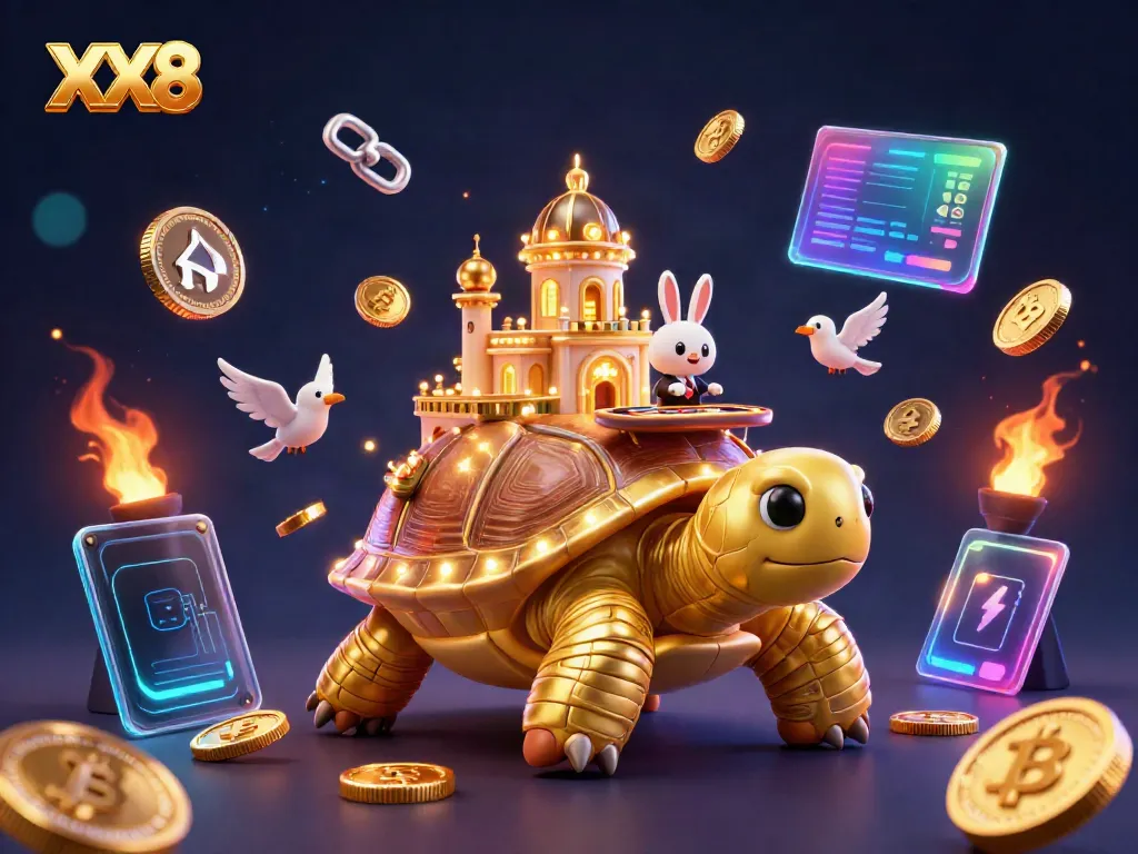 Join the excitement of XX8 with a vibrant casino scene showcasing a golden tortoise, rabbit dealer, and flying coins.