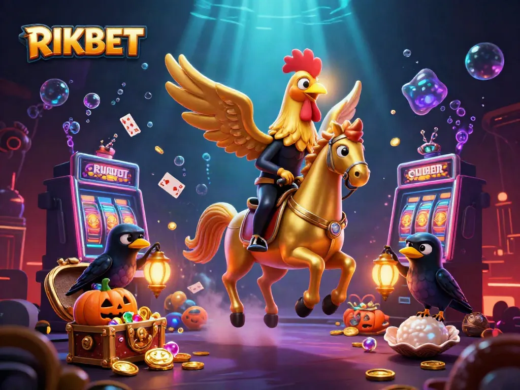 Experience thrilling casino adventures with RIKBET in an ultra-detailed 3D scene featuring captivating characters and gold treasures.