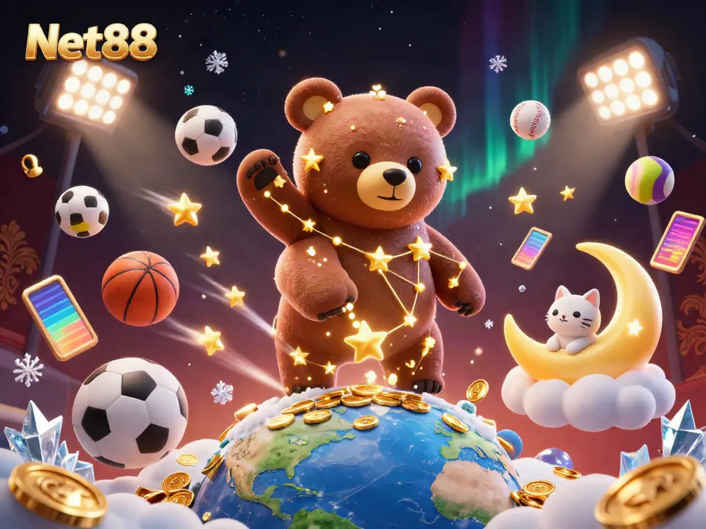 Exciting scene of Net88 featuring a constellation bear and coins, vivid sports elements showcase gambling.