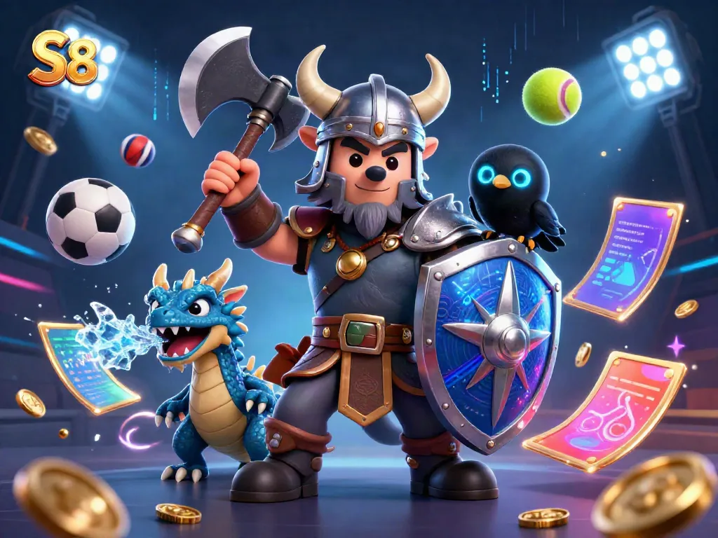 Engage with S8's thrilling casino adventure featuring a Viking warrior, a fierce dragon, and dynamic sports elements.