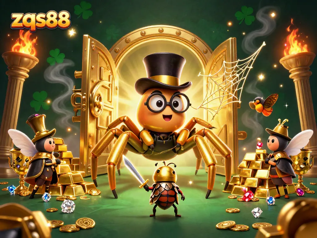 Engage in thrilling casino adventures with zqs88, highlighted by a vibrant 3D scene including a golden tarantula and treasure.