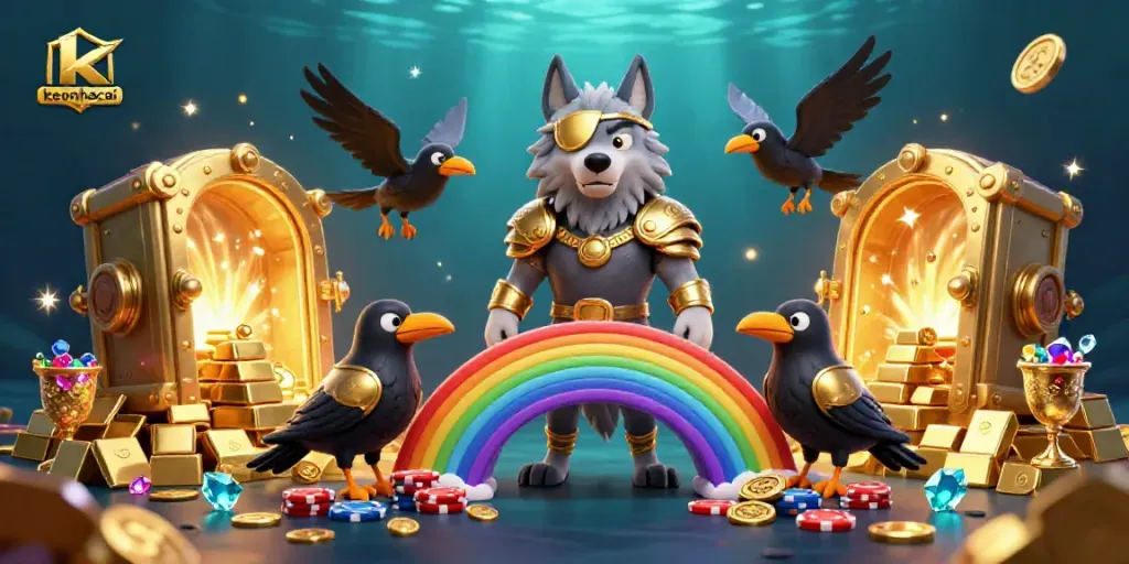 Join the mythical keonhacai experience with Odin's wolves amidst gleaming treasure and casino vibes.