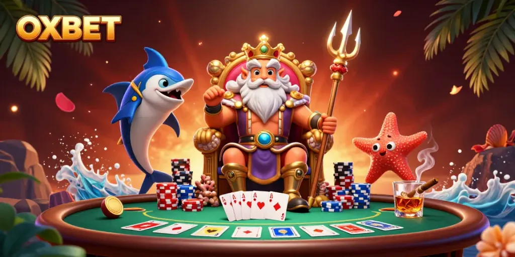 Experience thrilling moments with OXBET in this vibrant 3D casino illustration showcasing poker elements.