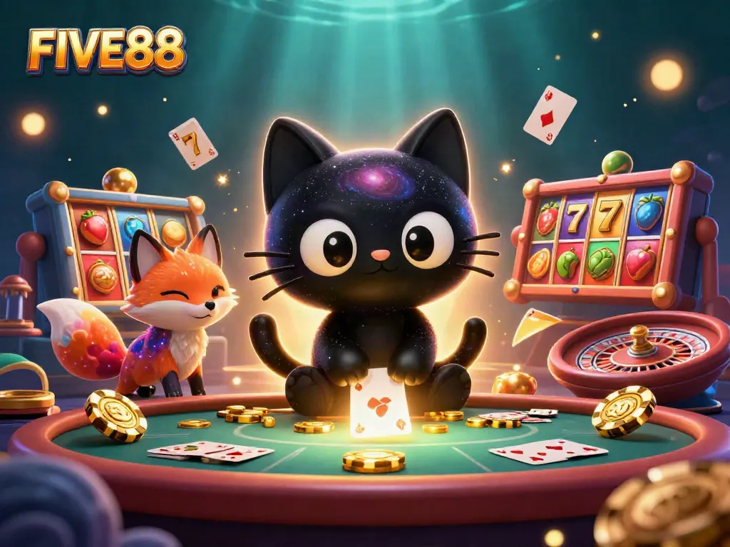 Experience the excitement of FIVE88 as a cosmic cat gathers winning chips in a vibrant casino scene.