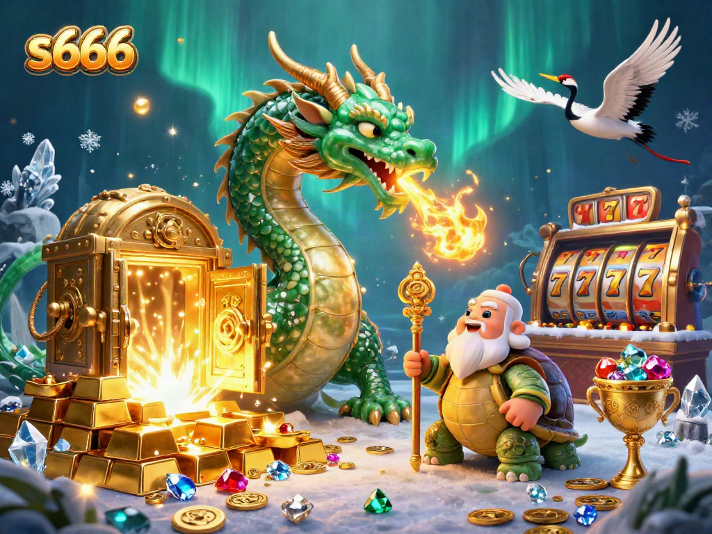S666 captures the exhilaration of casino gaming, featuring a dynamic dragon and treasure-filled backdrop.