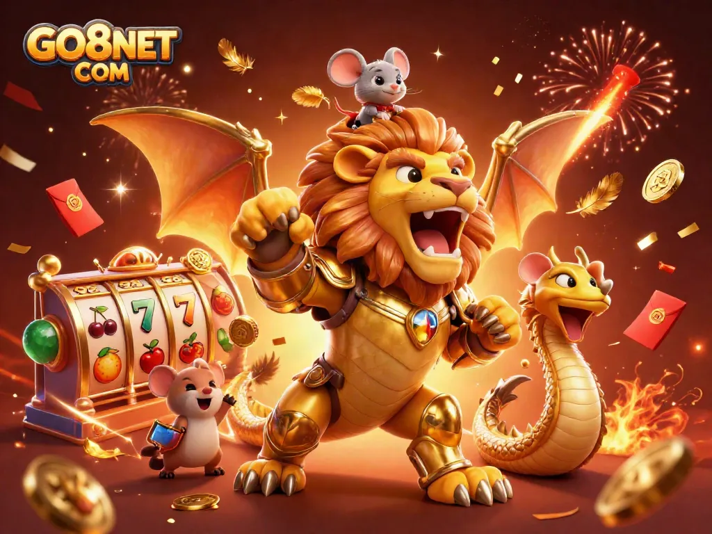 Experience thrilling gameplay at GO8NET COM with a vibrant 3D casino scene featuring dynamic slot reels and a chimera.