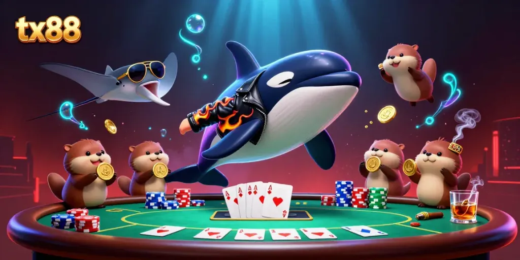 Experience the thrilling tx88 casino adventure with an orca, stingray, and otters among poker elements.