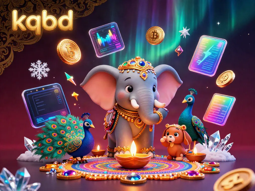 Experience kqbd through a vibrant 3D casino scene featuring a colorful elephant and peacock surrounded by digital coins and crypto elements.
