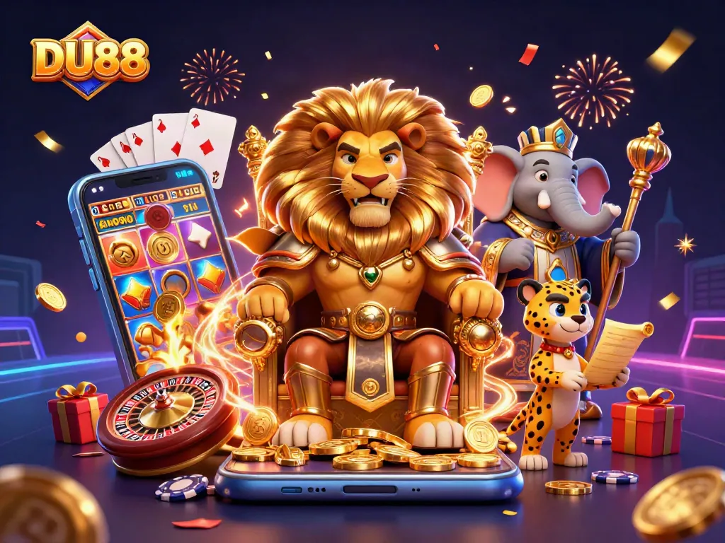 Experience the excitement of DU88 with a vibrant 3D casino scene featuring gaming elements and joyous characters.