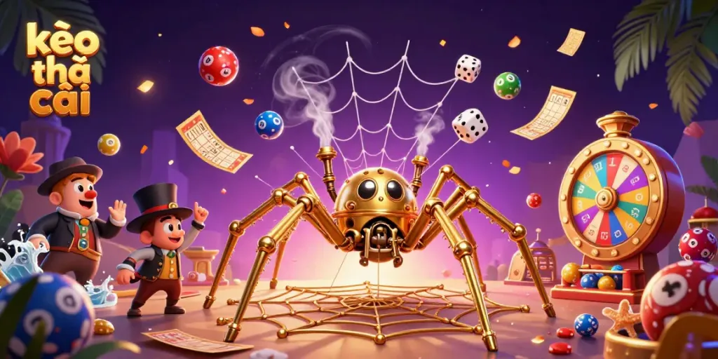 Experience kèo nhà cái with a dynamic 3D scene featuring a golden spider and colorful game elements.