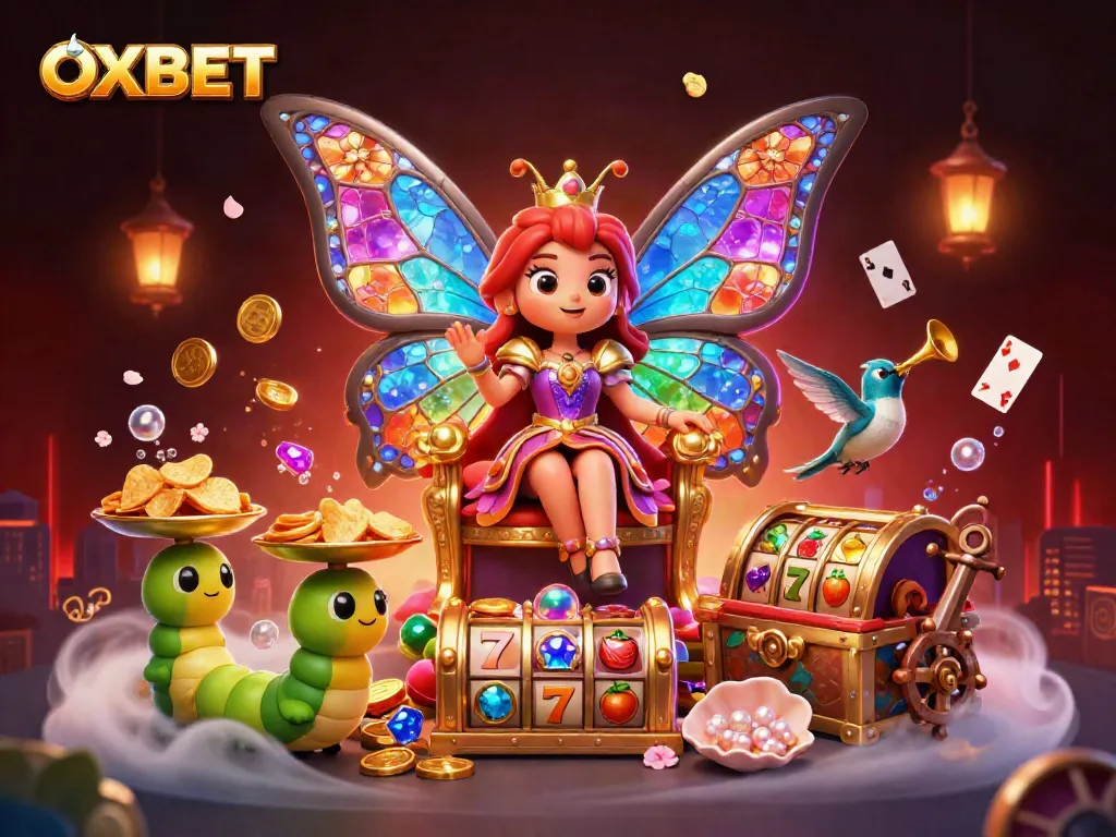 Play big and win with OXBET in this vibrant casino-themed 3D illustration with exciting games.