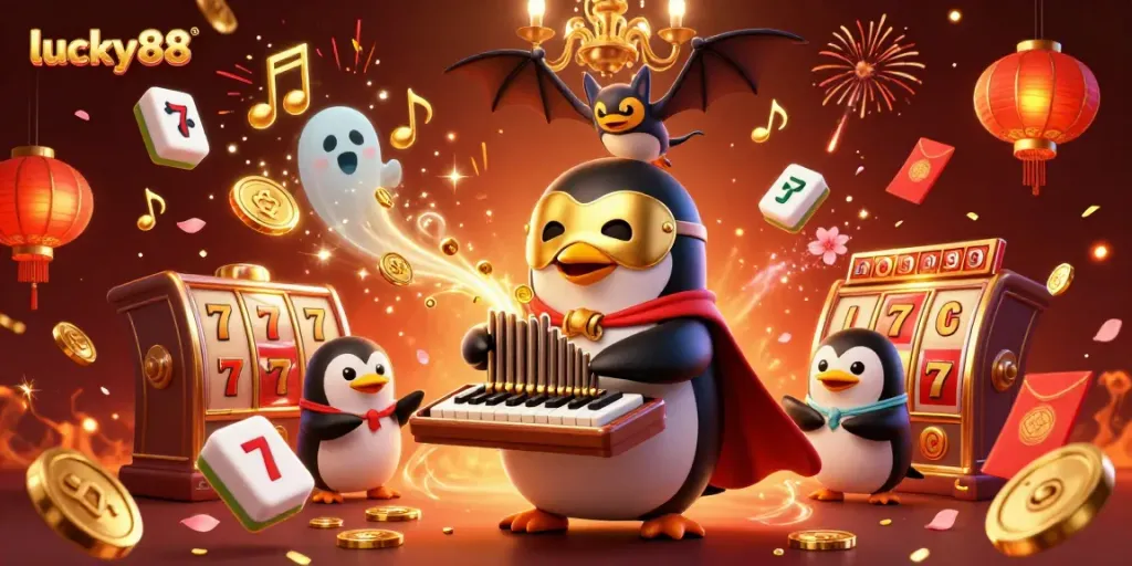 Experience thrilling entertainment at lucky88 with an energetic penguin and festive gambling elements.