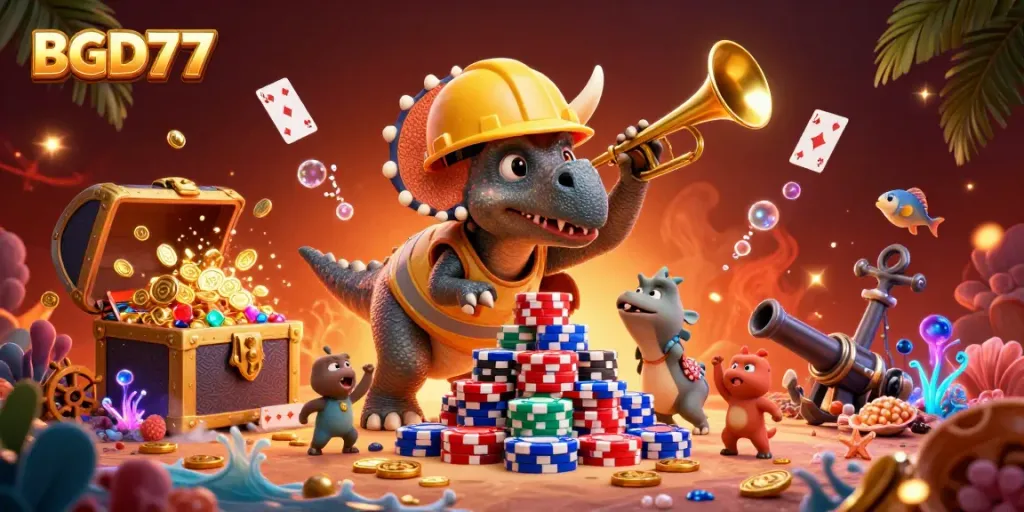 Join the excitement at BGD77 with a lively casino scene featuring dinosaurs celebrating a poker chip pyramid.