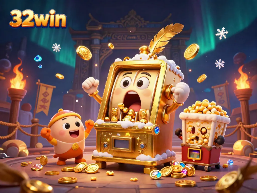 Realize exciting jackpots with 32win's engaging golden slot machines celebrating wins amidst a vibrant casino backdrop.